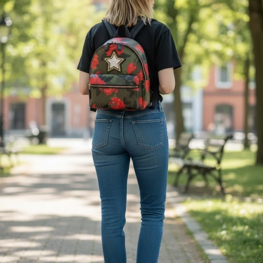 Coach Mini  Charlie Backpack with Red Floral Camo and Star Patch